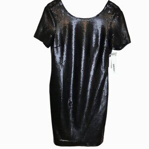 DKNYC Black Sequin Scoop Neck Sheath Dress Women 6 Evening Glam Sparkle Luxe NWT